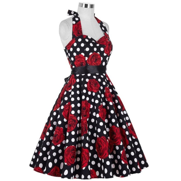 Black and White Polka Dot Dress with Roses - Picture 1 of 8